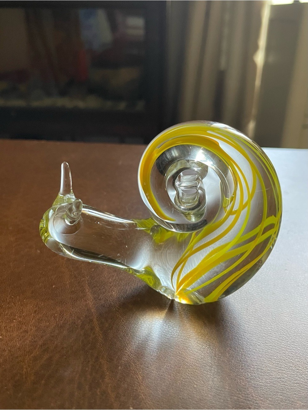 Enesco Vintage Murano Art glass Snail Paperweight Yellow Swirl Handblown